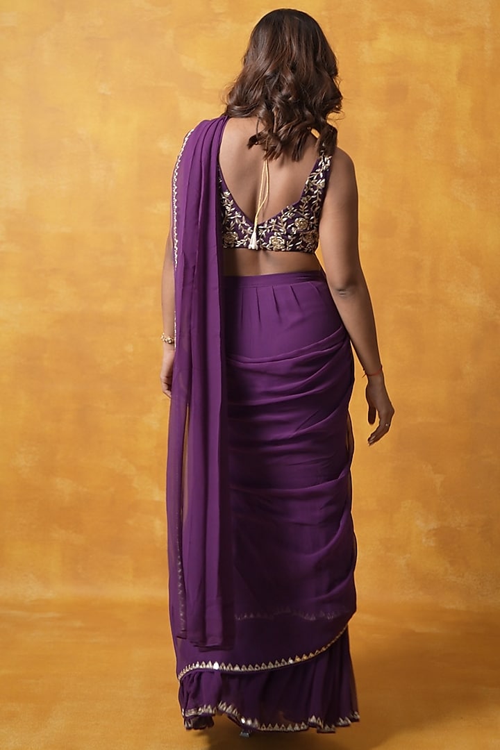 Deep Purple Georgette Mirror Embroidered Pre-Draped Party Wear Saree Set by SWETA DESAI at Pernia's Pop Up Shop
