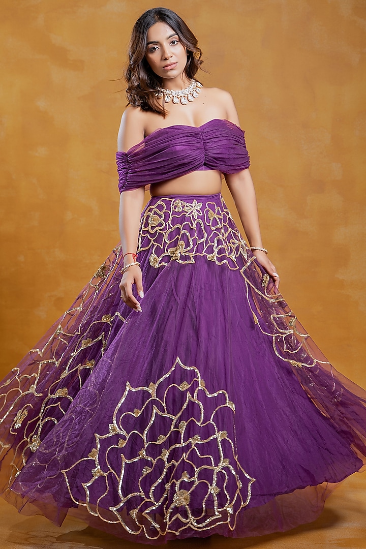 Deep Purple Net Hand Embroidered Lehenga Set by SWETA DESAI