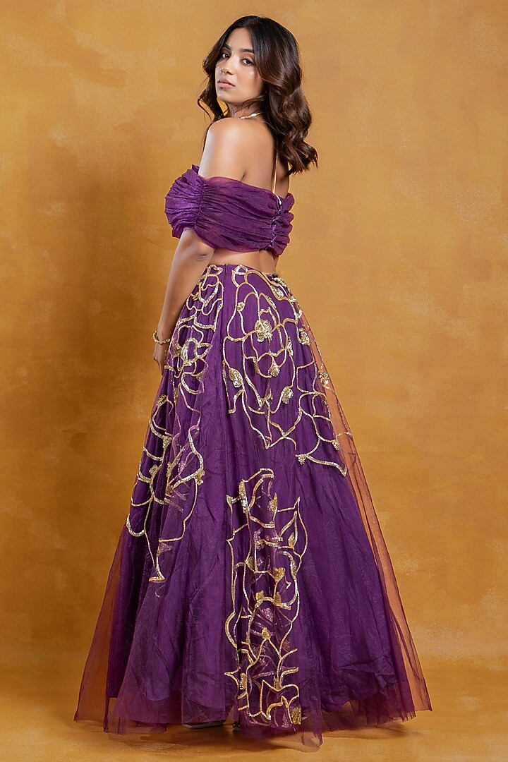 Deep Purple Net Hand Embroidered Wedding Lehenga Set by SWETA DESAI at Pernia's Pop Up Shop