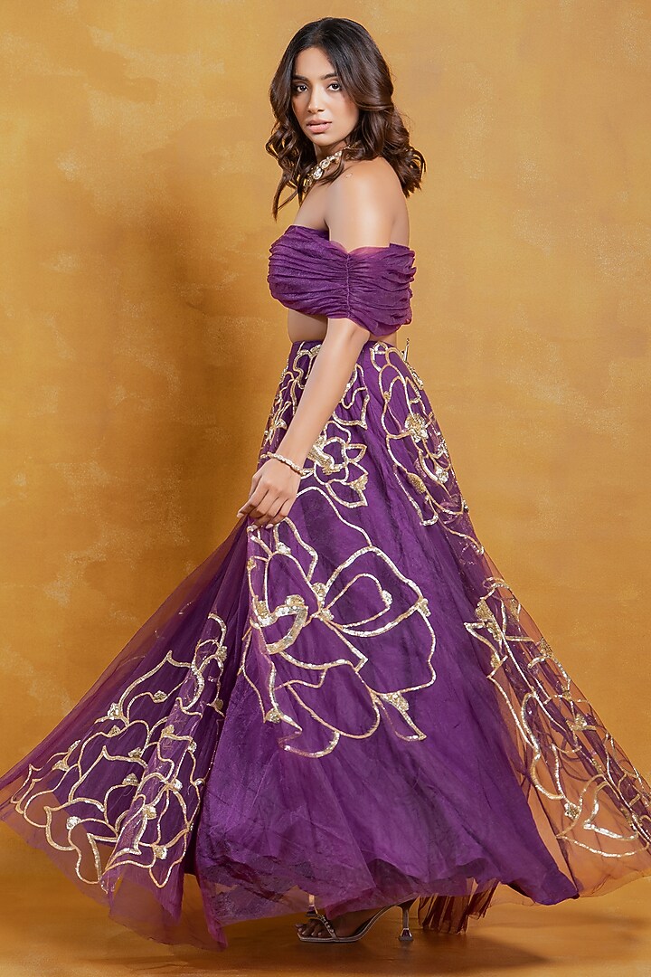 Deep Purple Net Hand Embroidered Wedding Lehenga Set by SWETA DESAI at Pernia's Pop Up Shop