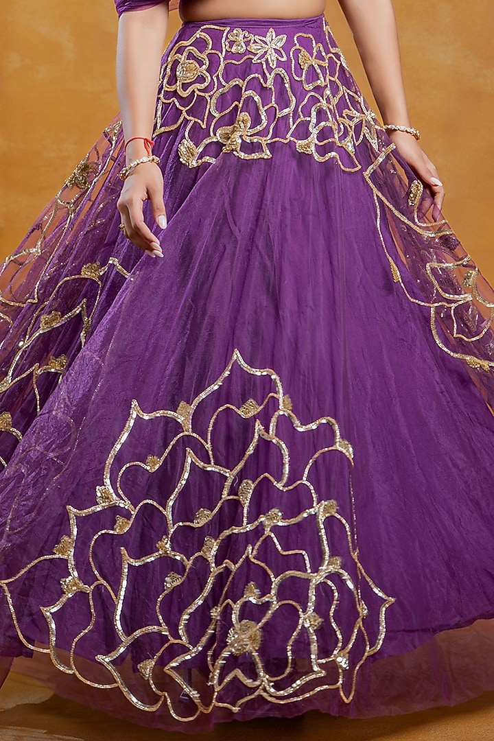 Deep Purple Net Hand Embroidered Wedding Lehenga Set by SWETA DESAI at Pernia's Pop Up Shop