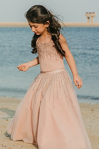 Pink Tulle Hand Embroidered Lehenga Set For Girls by Swati Golyan