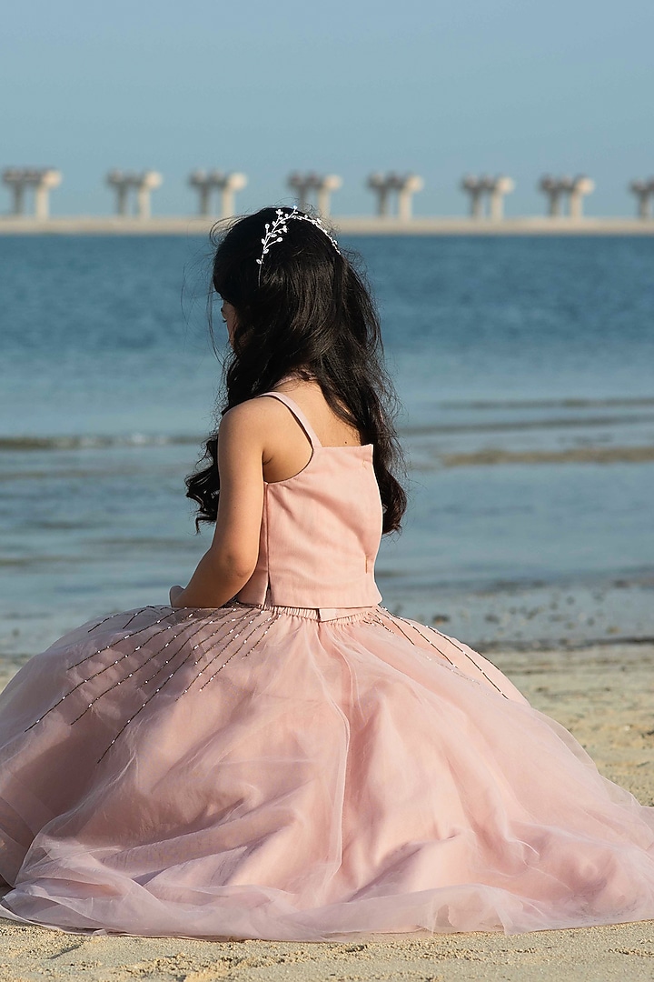 Pink Tulle Hand Embroidered Lehenga Set For Girls by Swati Golyan at Pernia's Pop Up Shop