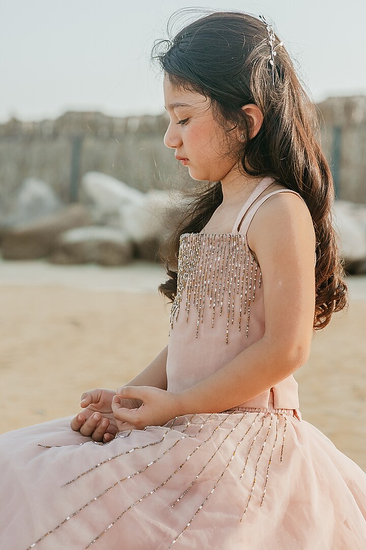 Pink Tulle Hand Embroidered Lehenga Set For Girls by Swati Golyan at Pernia's Pop Up Shop