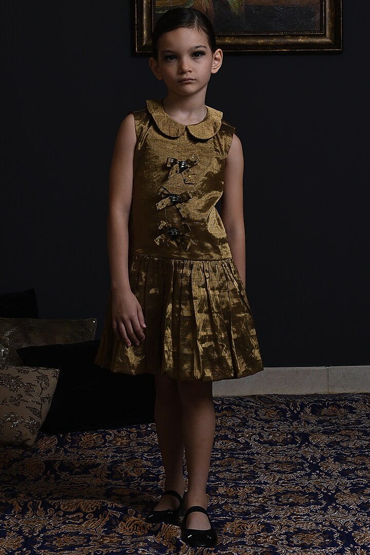 Gold Hand Woven Lurex & Cotton Blend Dress For Girls by Swati Golyan at Pernia's Pop Up Shop