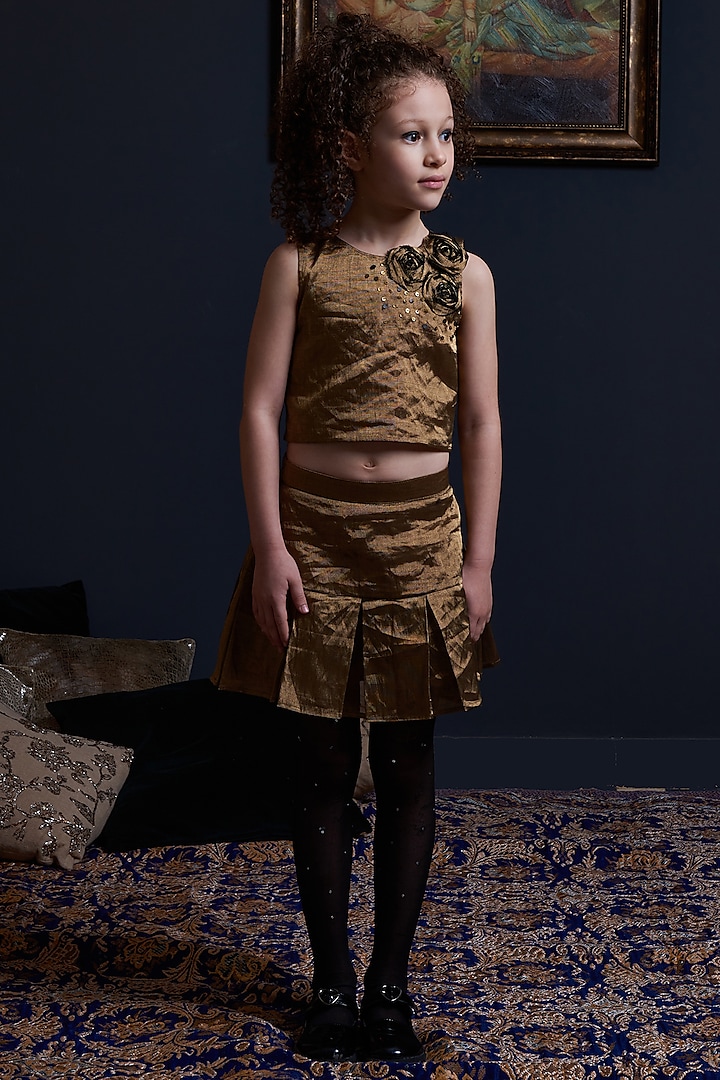 Gold Handwoven Lurex & Cotton Blend Box Pleated Skirt Set For Girls by Swati Golyan
