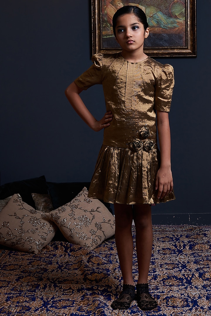 Gold Handwoven Lurex & Cotton Blend Hand Embroidered Dress For Girls by Swati Golyan