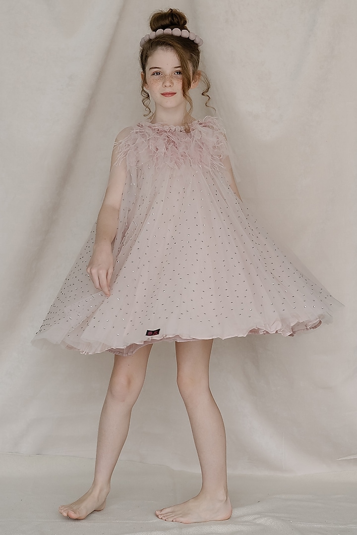 Light Pink Tulle & Net Hand Embroidered Dress For Girls by Swati Golyan