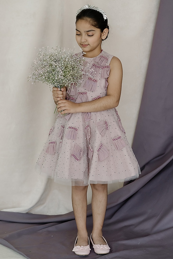 Pink Tulle & Net Hand Embroidered Pleated Dress For Girls by Swati Golyan