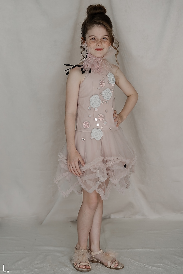 Pink Tulle & Net Hand Embroidered Asymmetrical Dress For Girls by Swati Golyan