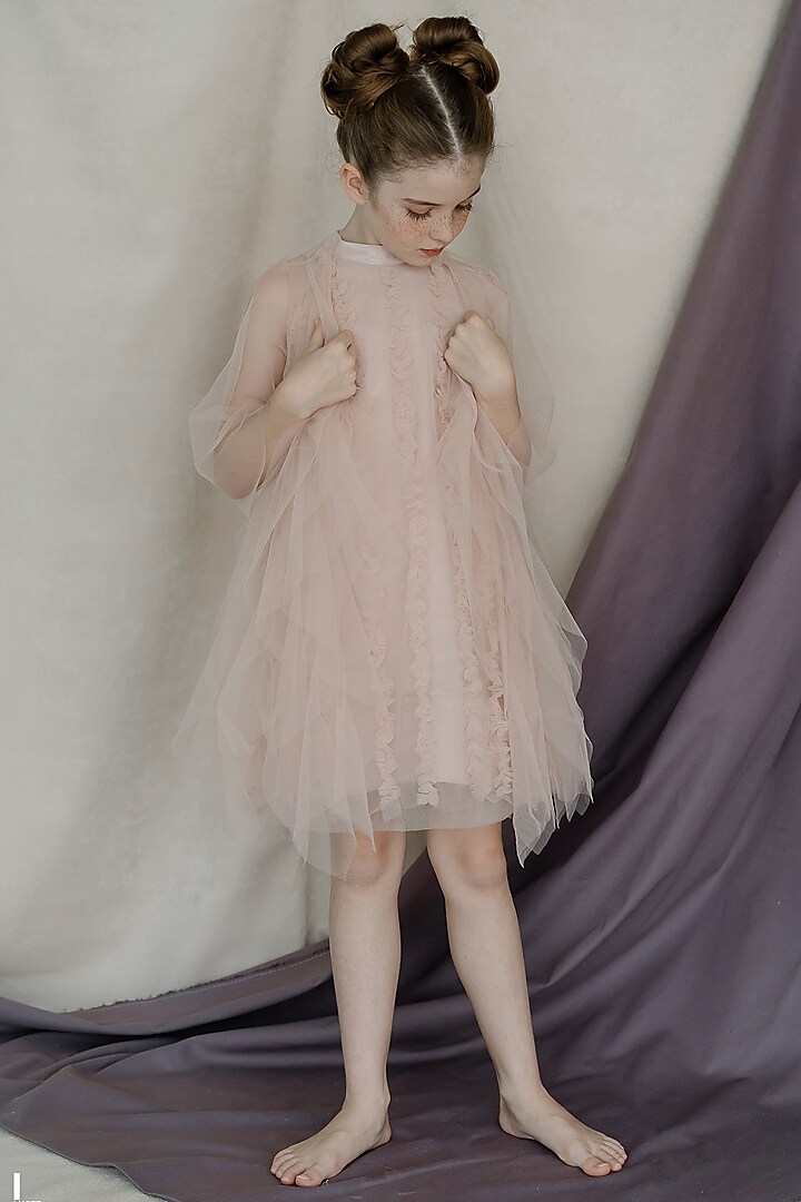 Pink Tulle & Net Ruffled A-Line Jacket Dress For Girls by Swati Golyan