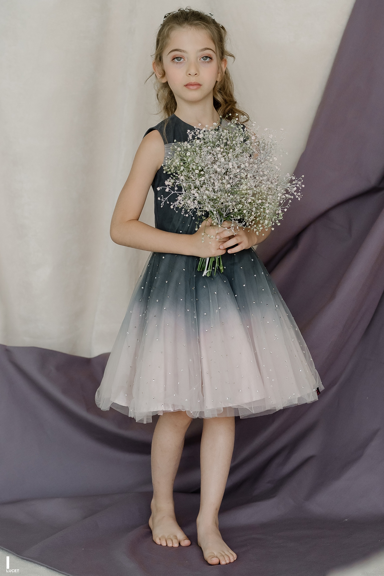 Pink Dark Grey Tulle Hand Embroidered Dress For Girls Design by