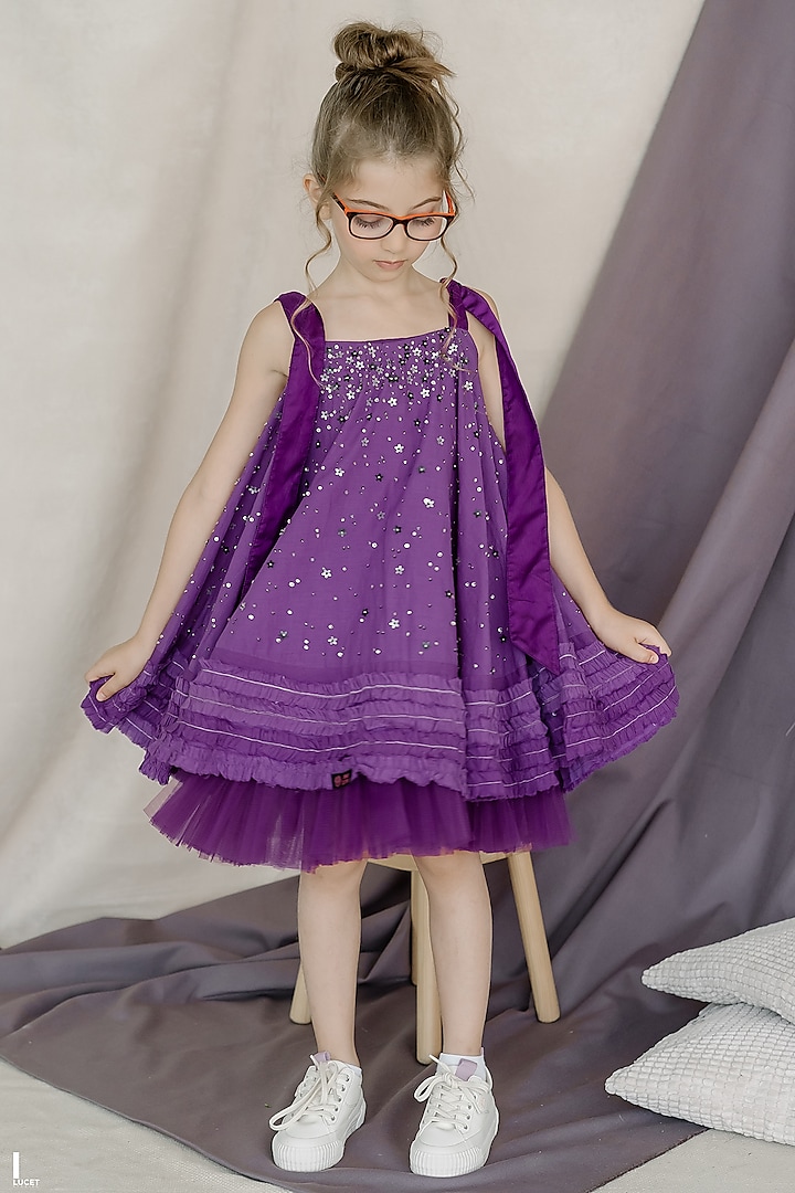 Aubergine Cotton Hand Embroidered Frilled Dress For Girls by Swati Golyan