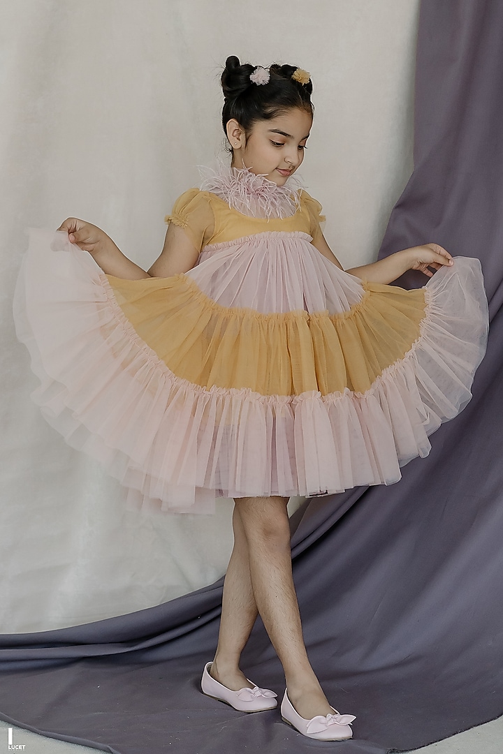 Pink & Yellow Tulle Embellished Tiered Dress For Girls by Swati Golyan