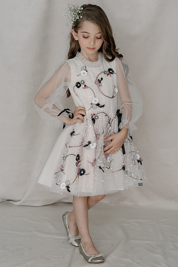 Off-White Tulle & Net Hand Embroidered Dress For Girls by Swati Golyan