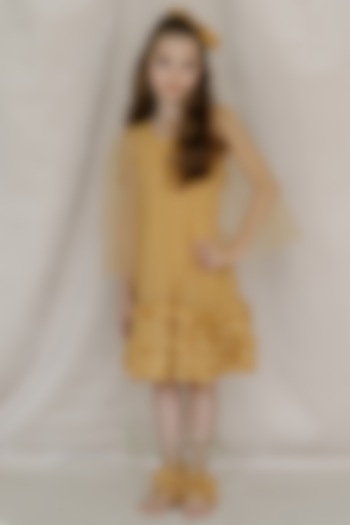 Yellow Tulle & Net Embroidered A-Line Dress For Girls by Swati Golyan