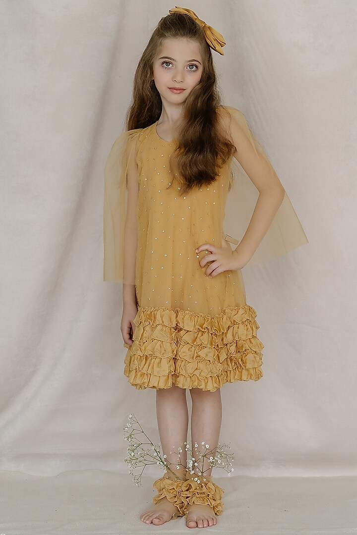 Yellow Tulle & Net Embroidered A-Line Dress For Girls by Swati Golyan