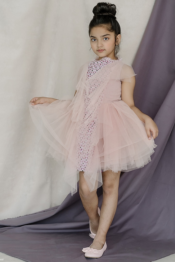 Pink Tulle & Net Hand Embroidered Layered Dress For Girls by Swati Golyan