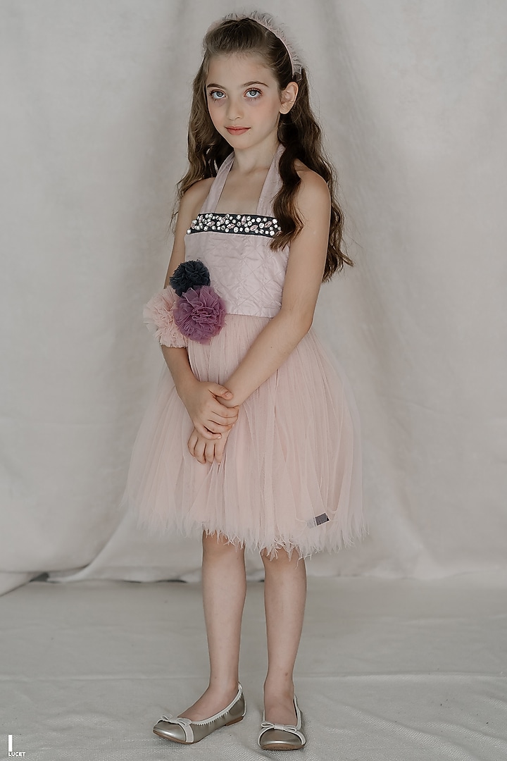 Pink Tulle & Net Pearl Embellished Dress For Girls by Swati Golyan at Pernia's Pop Up Shop