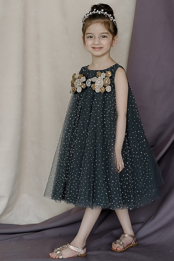 Charcoal Black Tulle & Net Hand Embroidered Dress For Girls by Swati Golyan