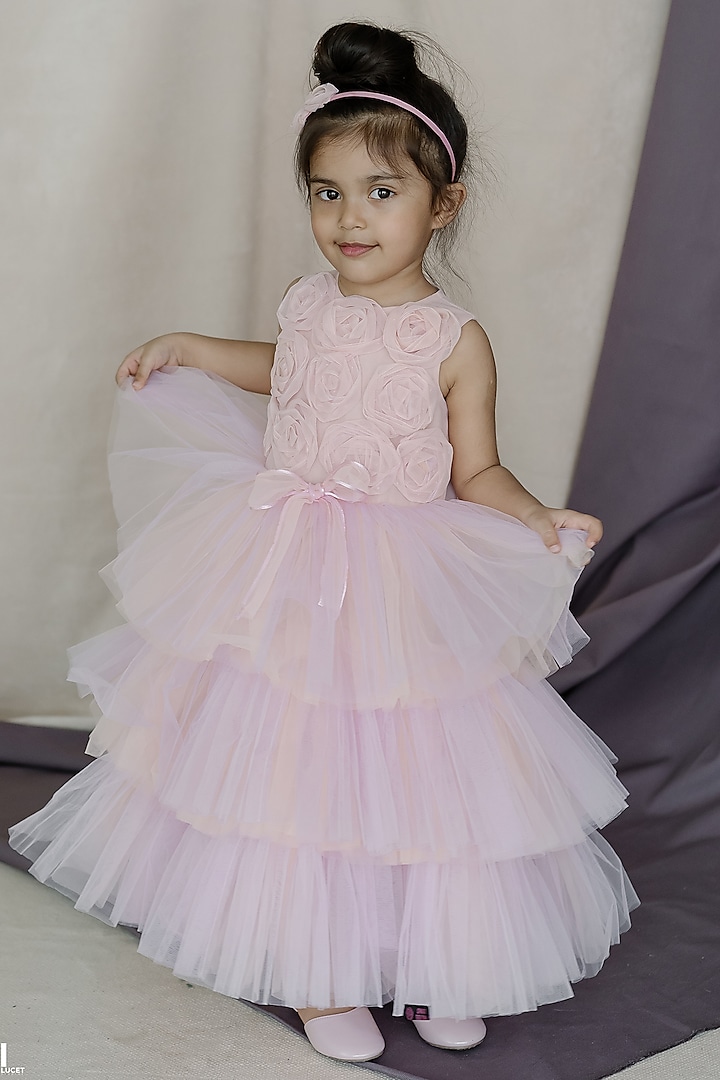 Pink Tulle & Net Hand Embroidered Tiered Dress For Girls by Swati Golyan
