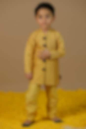 Bright Yellow Chanderi Bandhgala Set For Boys by Swati Golyan