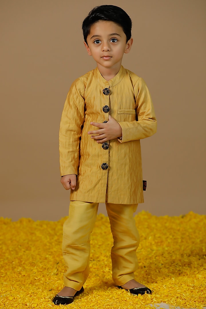 Bright Yellow Chanderi Bandhgala Set For Boys by Swati Golyan