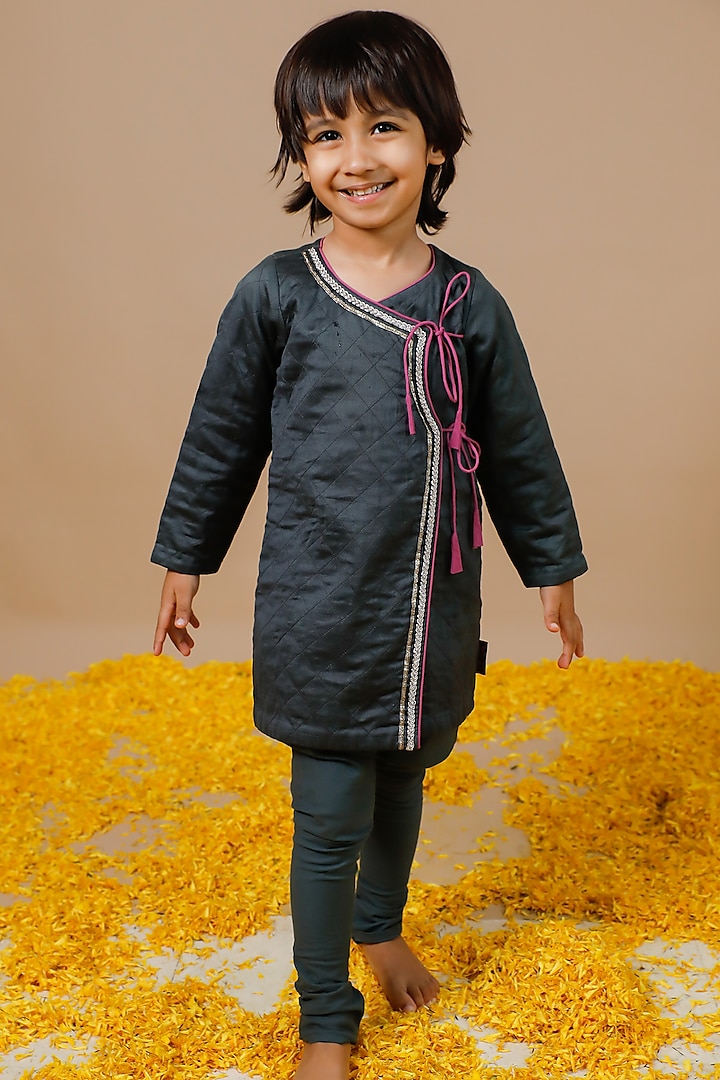 Charcoal Black Chanderi Angrakha Kurta Set For Boys by Swati Golyan