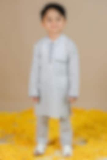 Off-White & Blue Cotton Mul Hand Block Printed Kurta Set For Boys by Swati Golyan