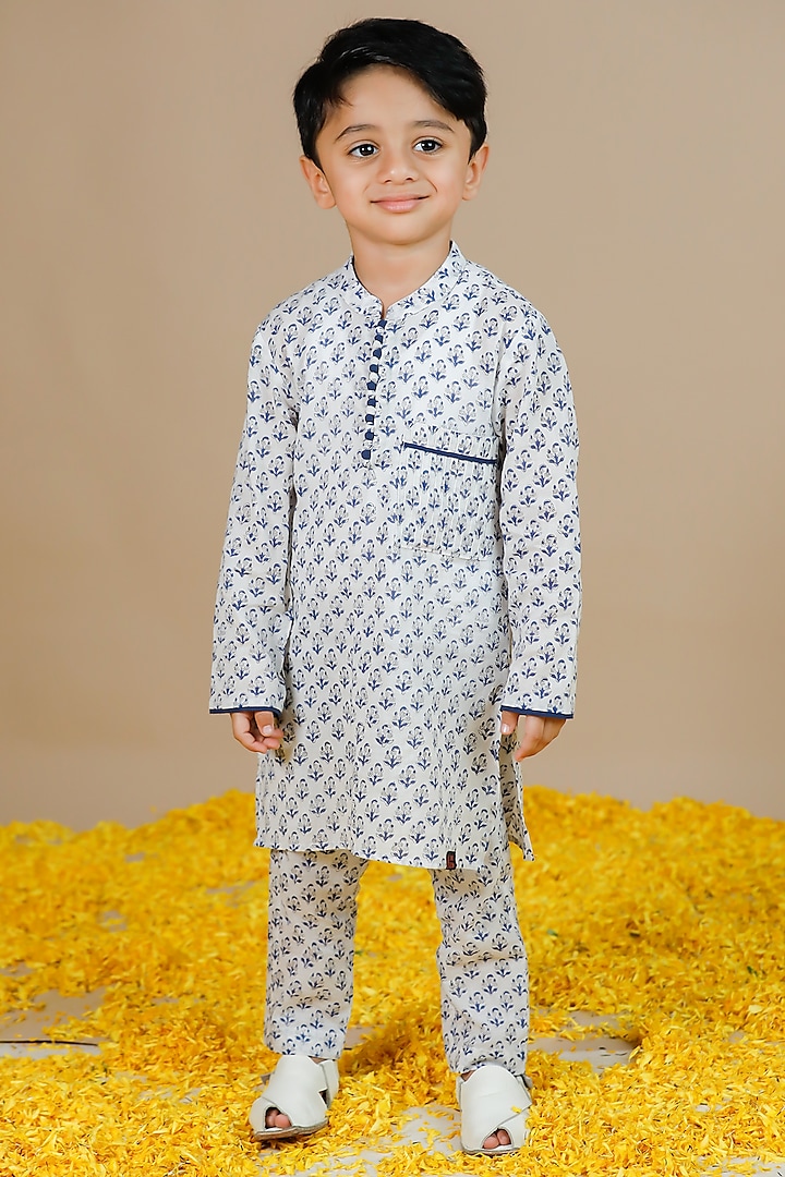 Off-White & Blue Cotton Mul Hand Block Printed Kurta Set For Boys by Swati Golyan