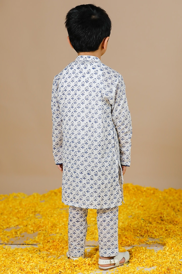 Off-White & Blue Cotton Mul Hand Block Printed Kurta Set For Boys by Swati Golyan at Pernia's Pop Up Shop
