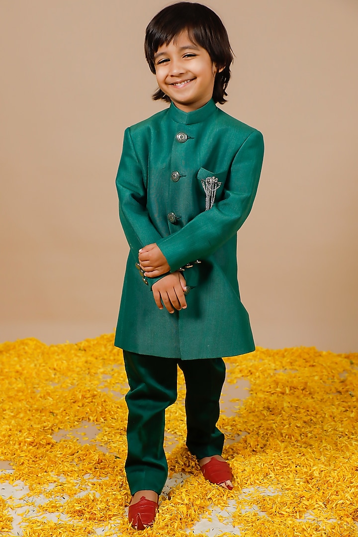 Green Mashru Silk Jodhpuri Set For Boys by Swati Golyan