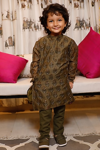 Green Chanderi Hand Block Printed & Hand Embroidered Kurta Set For Boy by Swati Golyan