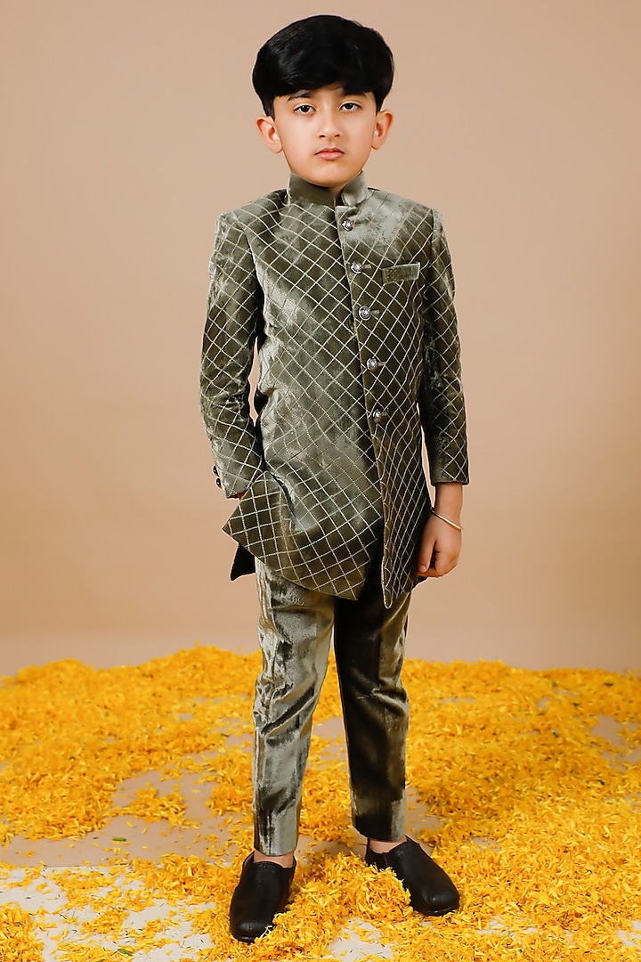 Green Silk Velvet Quilted Jodhpuri Set For Boys by Swati Golyan