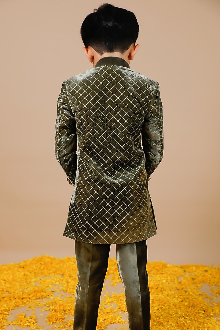 Green Silk Velvet Quilted Jodhpuri Set For Boys by Swati Golyan at Pernia's Pop Up Shop