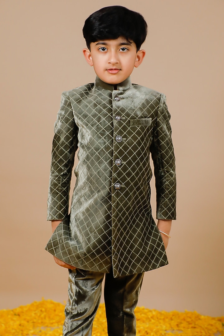 Green Silk Velvet Quilted Jodhpuri Set For Boys by Swati Golyan at Pernia's Pop Up Shop