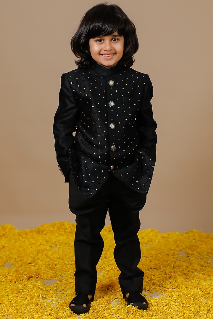 Black Raw Mashru Silk Hand Embroidered Jodhpuri Set For Boys by Swati Golyan