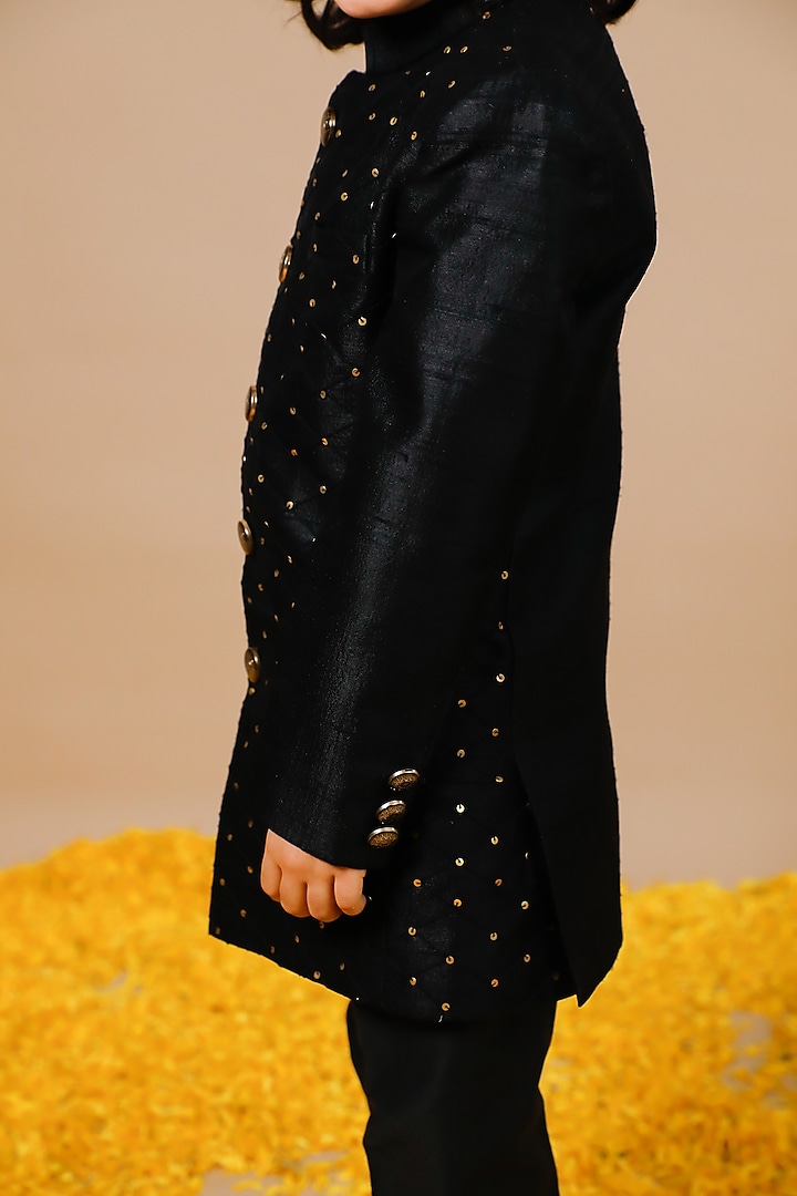 Black Raw Mashru Silk Hand Embroidered Jodhpuri Set For Boys by Swati Golyan at Pernia's Pop Up Shop