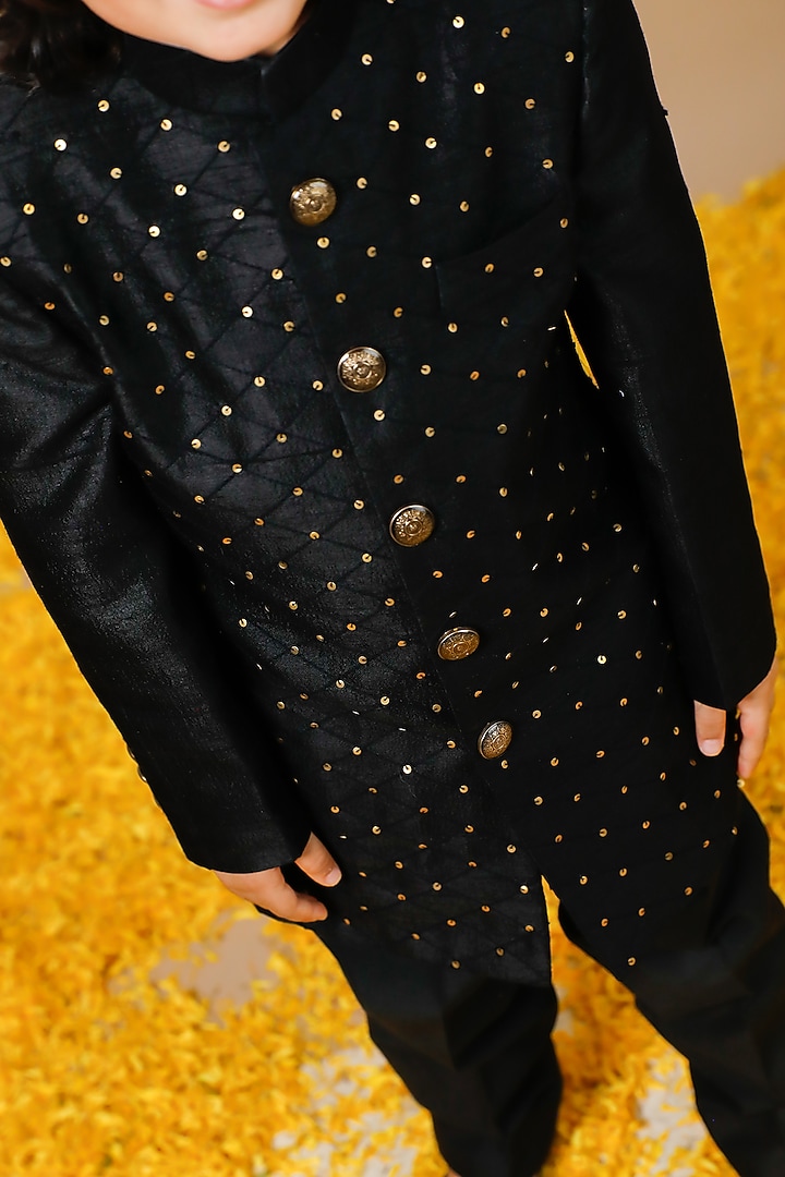 Black Raw Mashru Silk Hand Embroidered Jodhpuri Set For Boys by Swati Golyan at Pernia's Pop Up Shop