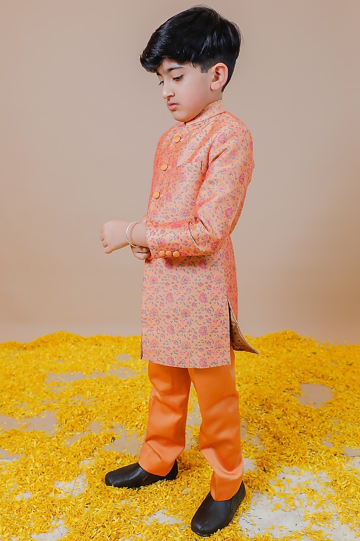 Yellow Silk Chanderi Printed Jodhpuri Set For Boys by Swati Golyan