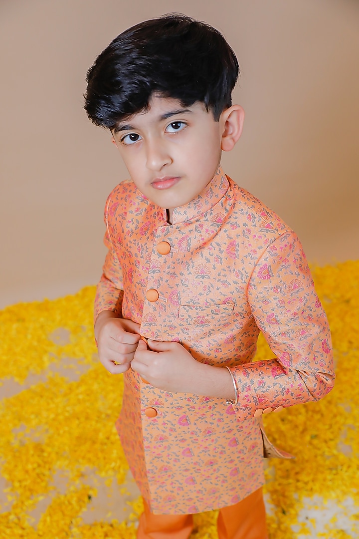 Yellow Silk Chanderi Printed Jodhpuri Set For Boys by Swati Golyan at Pernia's Pop Up Shop
