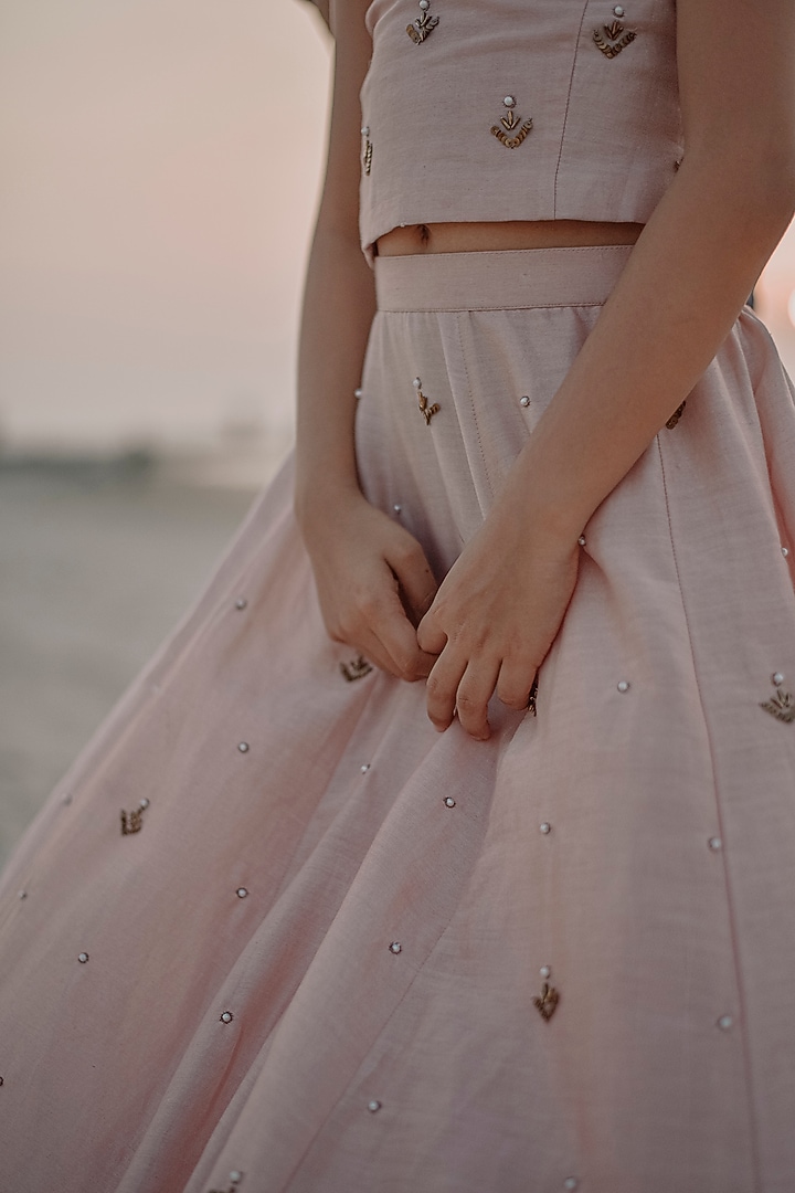 Pink Chanderi Hand Embroidered Lehenga Set For Girls by Swati Golyan at Pernia's Pop Up Shop