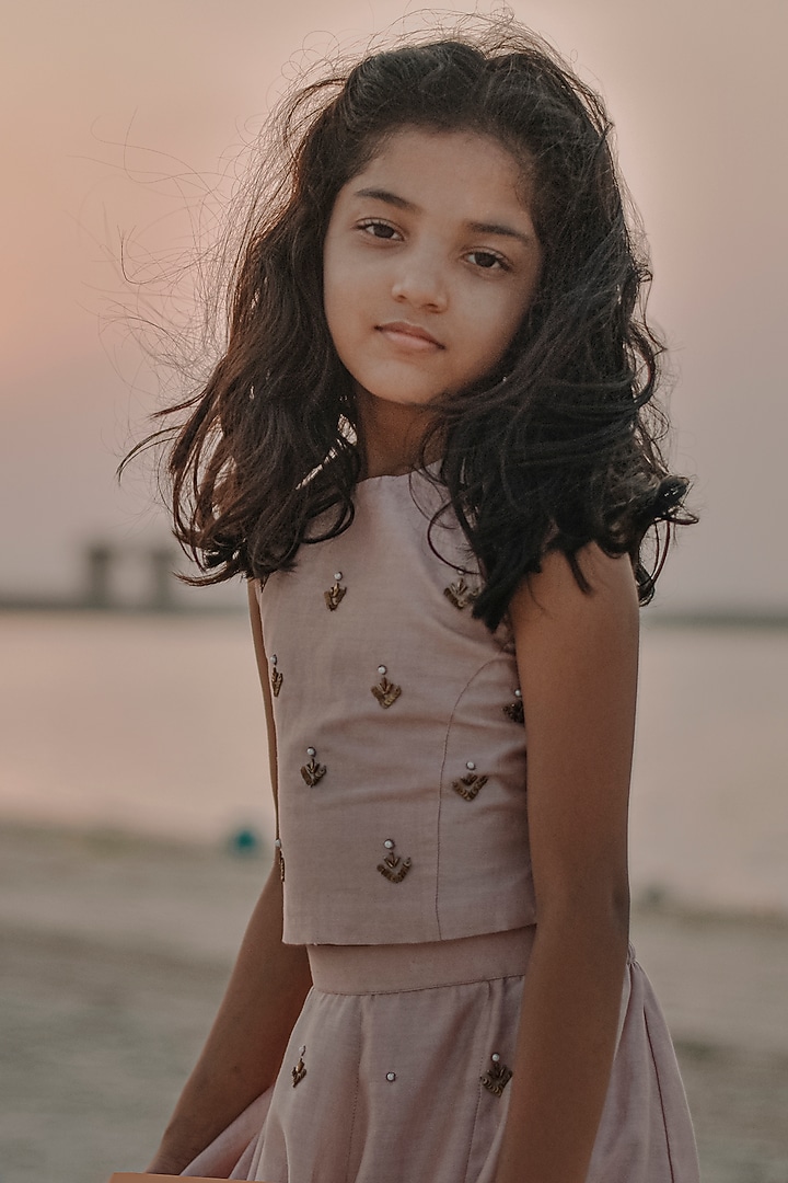 Pink Chanderi Hand Embroidered Lehenga Set For Girls by Swati Golyan at Pernia's Pop Up Shop