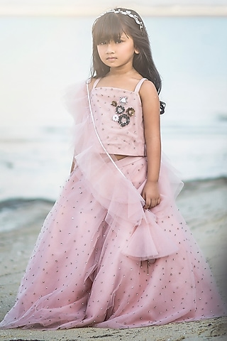 Pink Tulle Hand Embroidered Lehenga Set For Girls by Swati Golyan