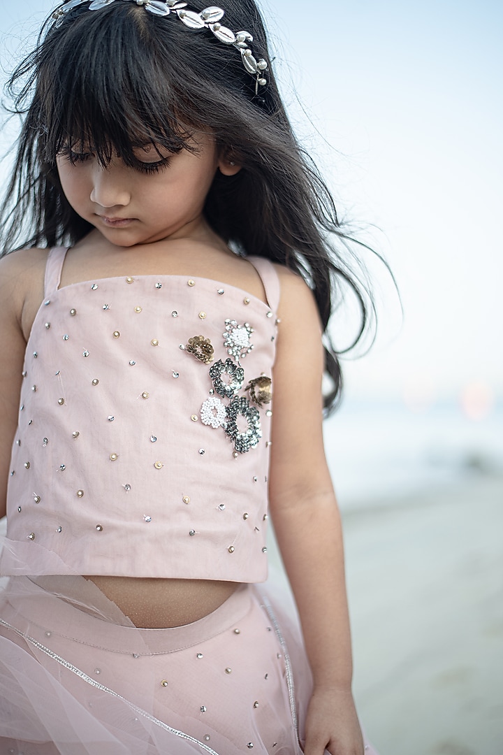 Pink Tulle Hand Embroidered Lehenga Set For Girls by Swati Golyan at Pernia's Pop Up Shop