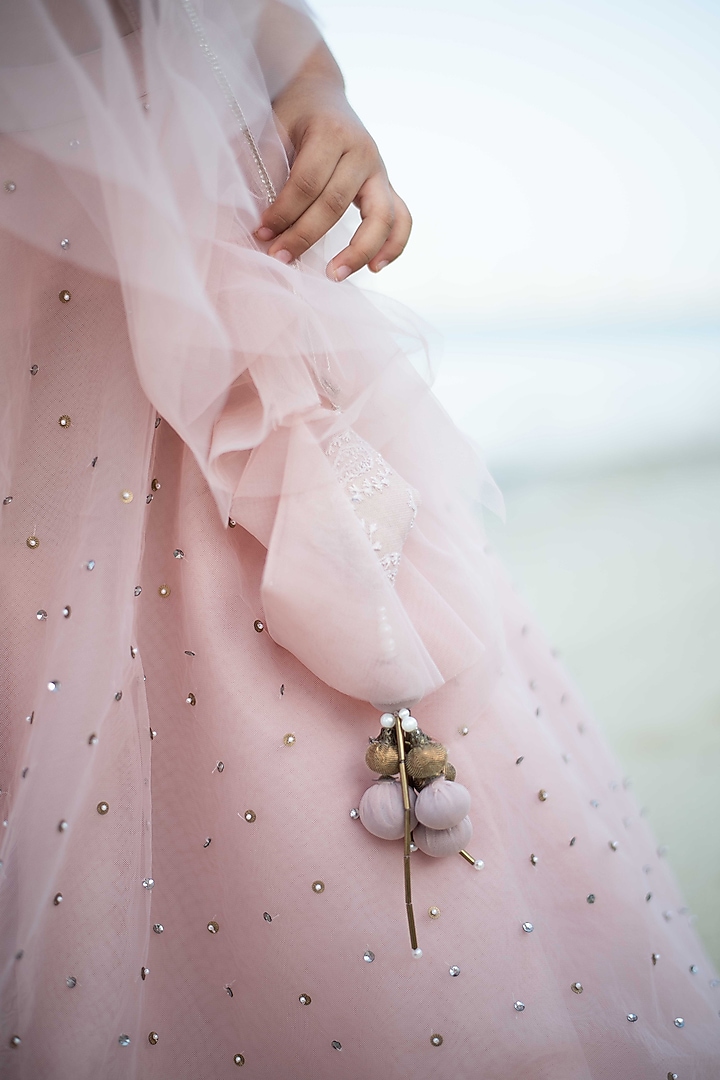 Pink Tulle Hand Embroidered Lehenga Set For Girls by Swati Golyan at Pernia's Pop Up Shop