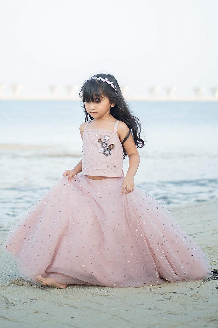 Pink Tulle Hand Embroidered Lehenga Set For Girls by Swati Golyan at Pernia's Pop Up Shop