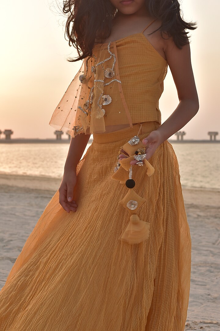 Yellow Kota Doriya Hand Embroidered Lehenga Set For Girls by Swati Golyan at Pernia's Pop Up Shop