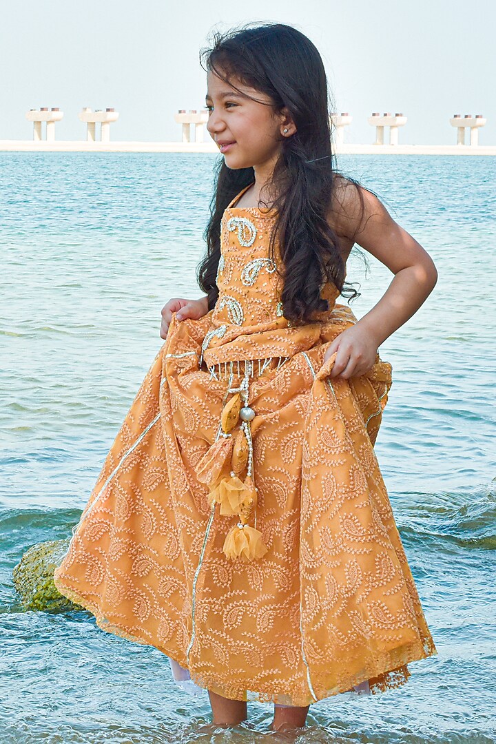 Yellow Kota Doriya Hand Embroidered Lehenga Set For Girls by Swati Golyan at Pernia's Pop Up Shop