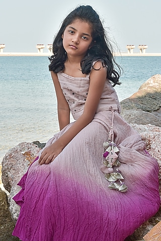 Pink Kota Doriya Hand Embroidered Ombre Lehenga Set For Girls by Swati Golyan